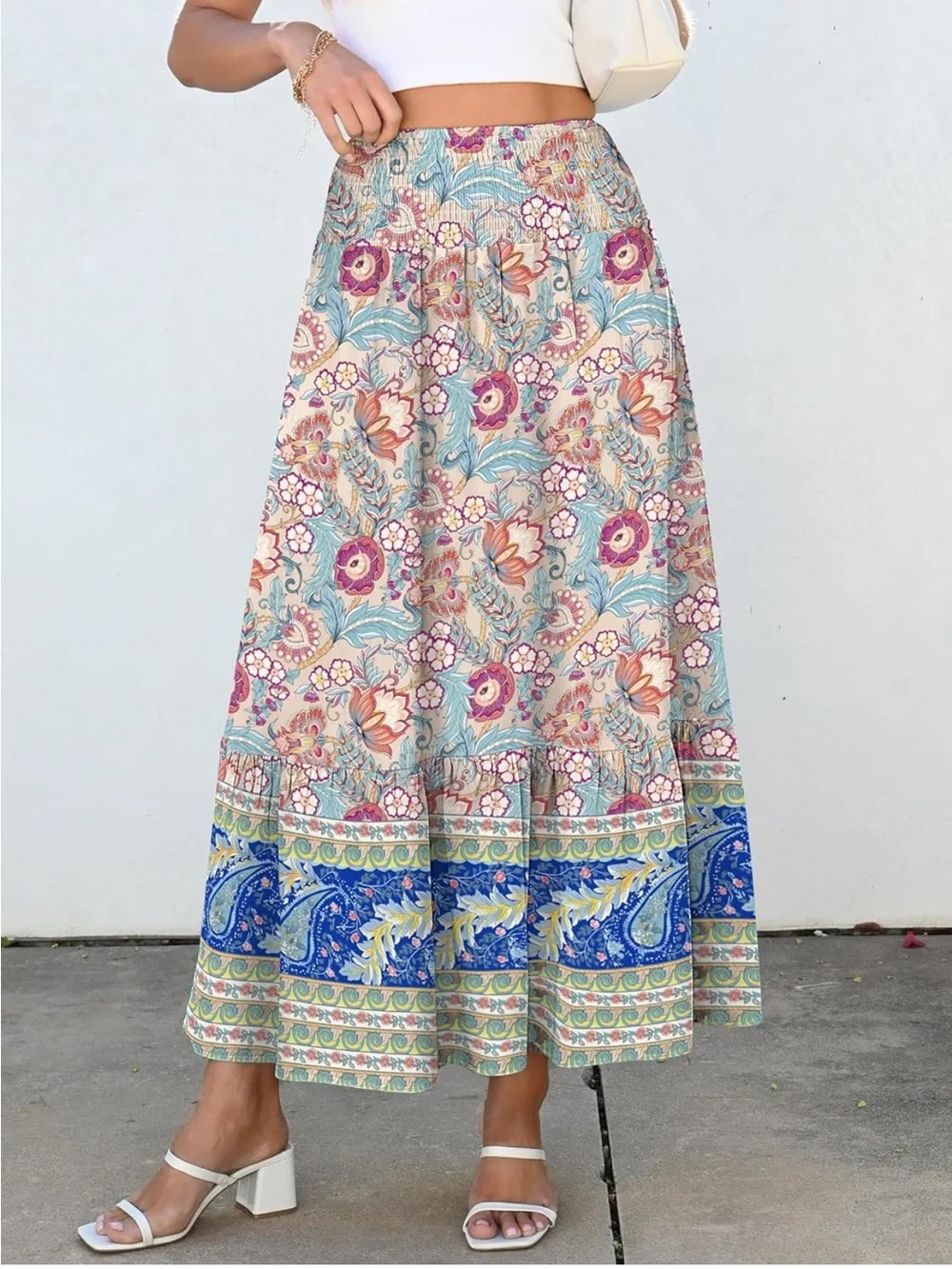 ANRABESS Women's Boho Maxi Skirt in Apricot w/Floral Print, Size L NWT